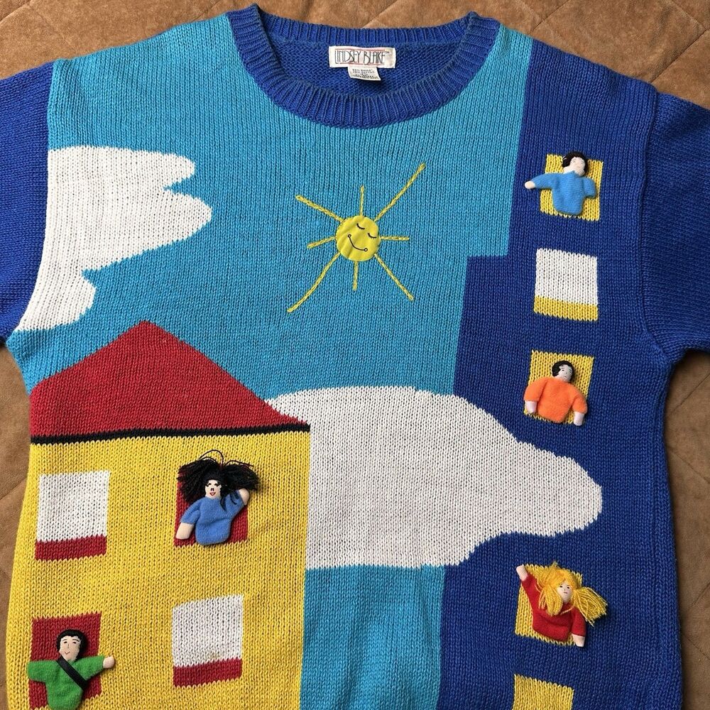 Vintage 80s Lindsey Blake 3D Novelty Sweater Womens Large Short Sleeve